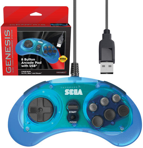 SEGA Genesis 8-button Arcade USB Pad Clear Blue Retro-Bit