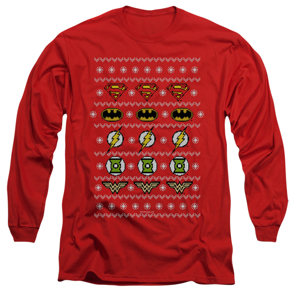 JLA/JUSTICE SHIELDS CHRISTMAS SWEATER 
 
