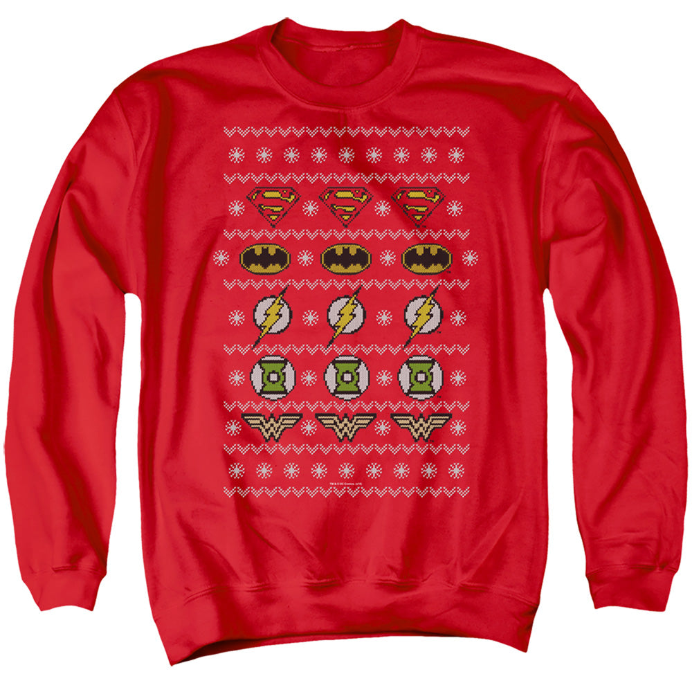 JLA/JUSTICE SHIELDS CHRISTMAS SWEATER 
 
