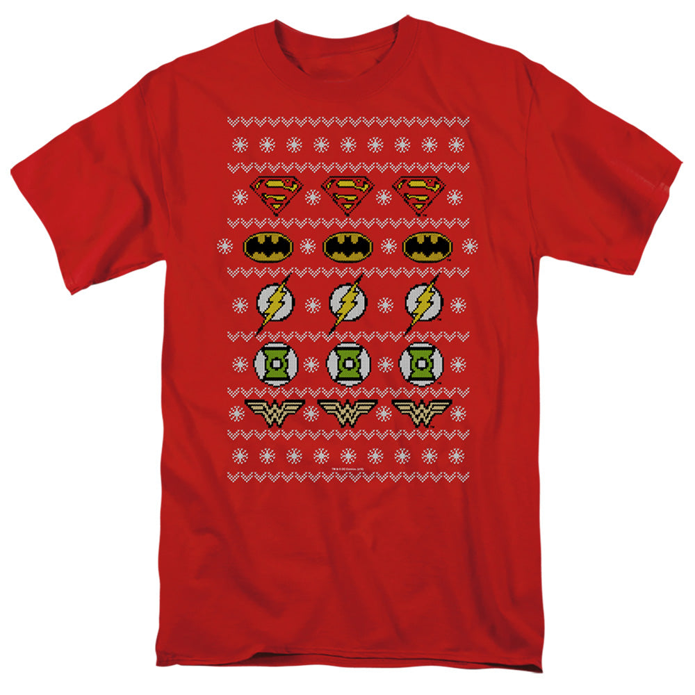 JLA/JUSTICE SHIELDS CHRISTMAS SWEATER 
 
