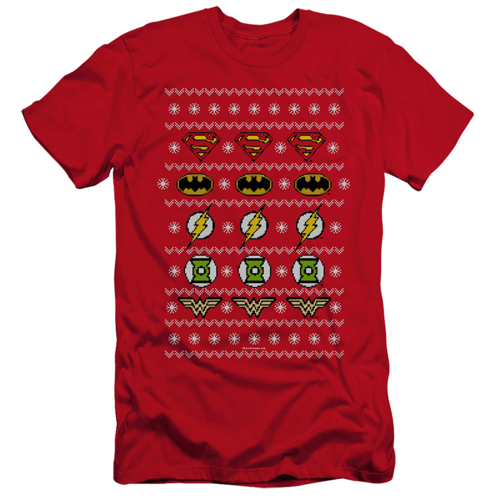 JLA/JUSTICE SHIELDS CHRISTMAS SWEATER 
 
