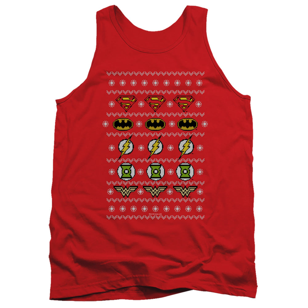 JLA/JUSTICE SHIELDS CHRISTMAS SWEATER 
 
