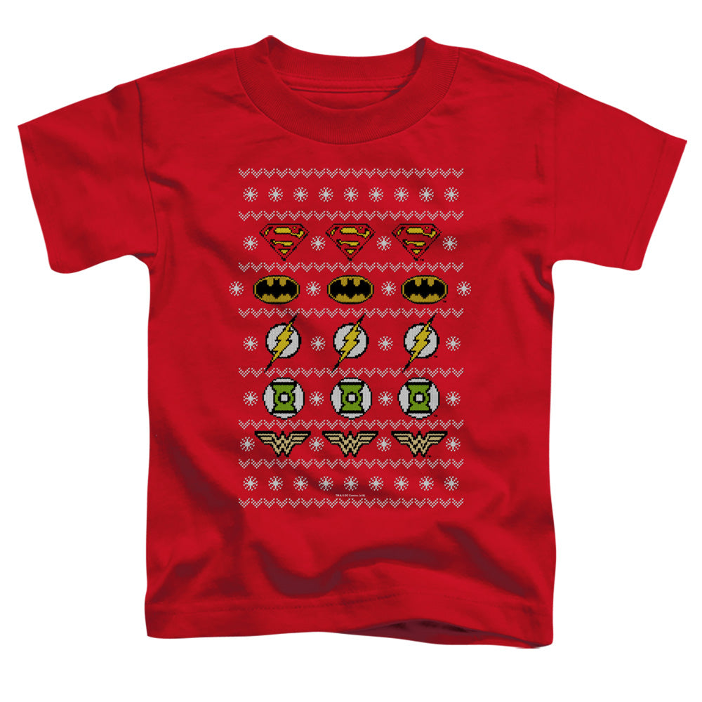 JLA/JUSTICE SHIELDS CHRISTMAS SWEATER 
 
