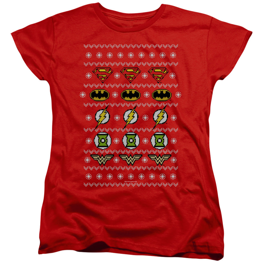 JLA/JUSTICE SHIELDS CHRISTMAS SWEATER 
 
